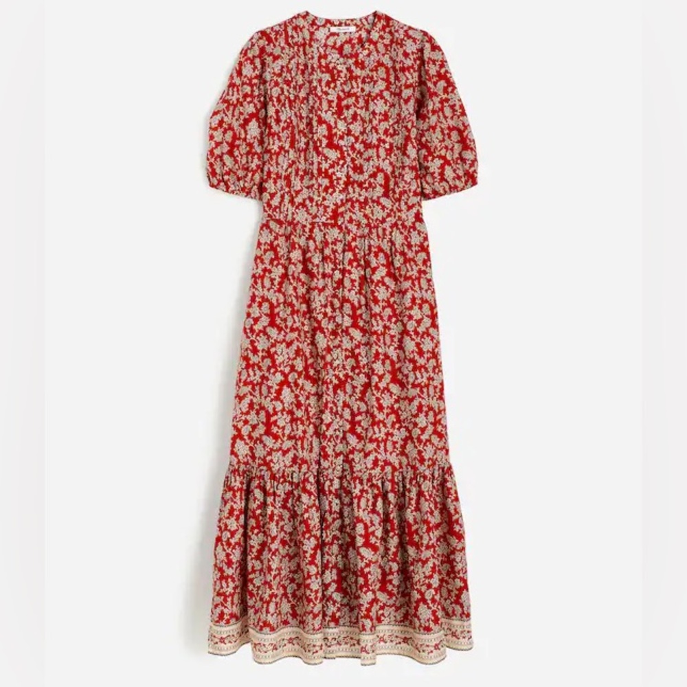 Madewell Pintucked Puff‎ Sleeve Red Floral Midi Dress Size 2